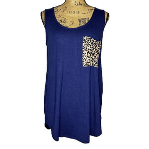 Zenana‎ Navy Sleeveless Tank Top w/ Leopard Print Pocket Womens Medium New